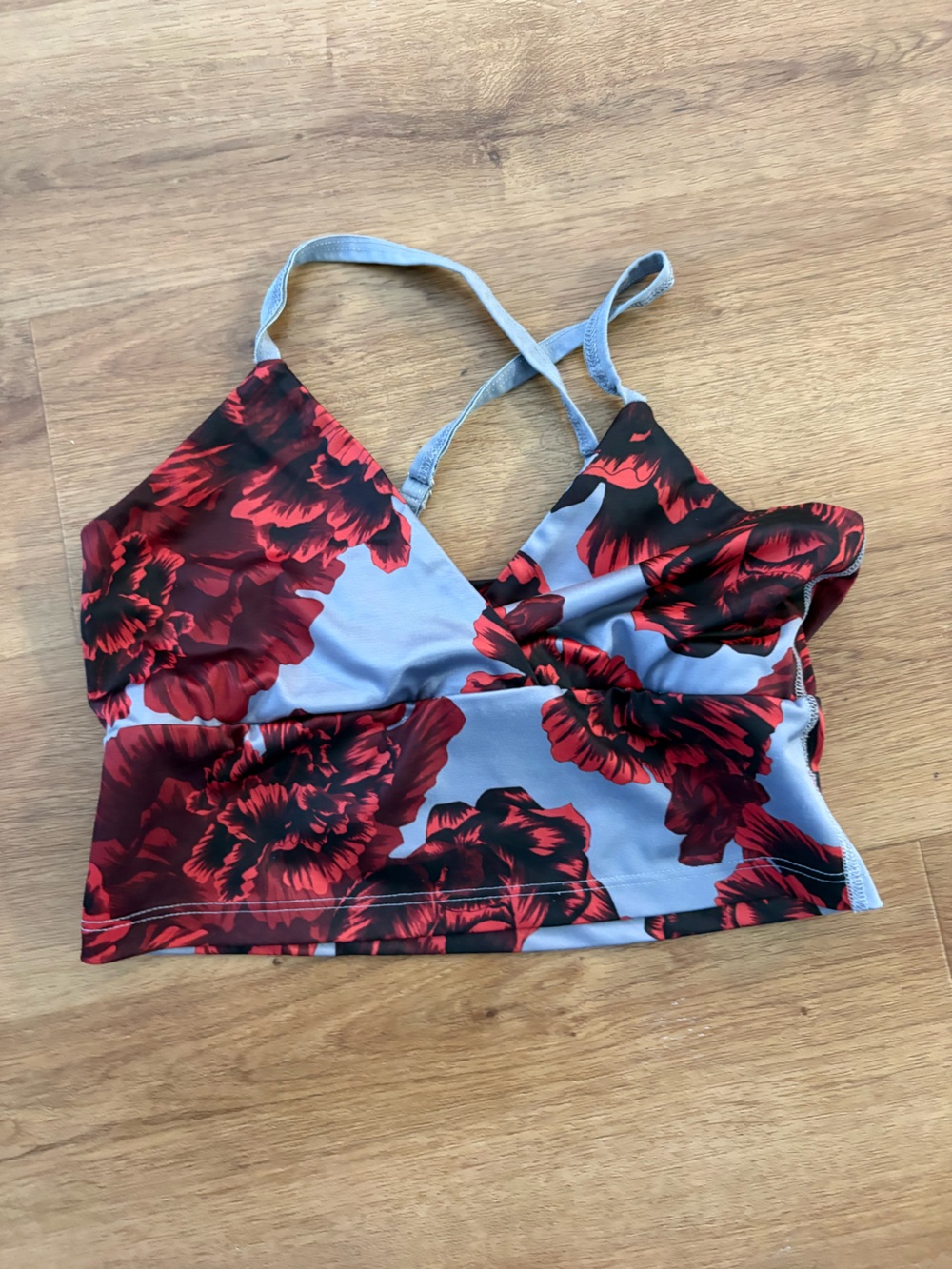 Beyond Yoga Light Grey/Silver Bralette with Red Floral Print